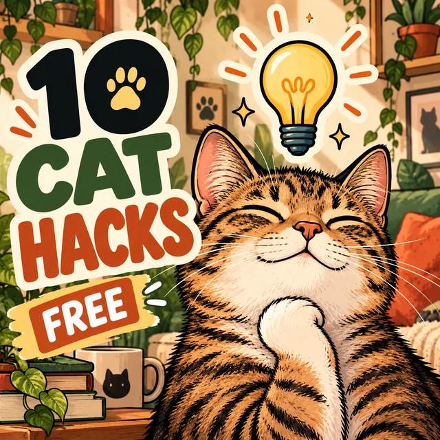 10 Cat Hacks guide cover: a smug tabby cat under a glowing lightbulb