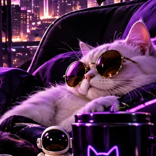 White cat in round gold sunglasses