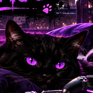 Black cat with glowing purple eyes