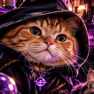 Orange cat in a dark wizard hood