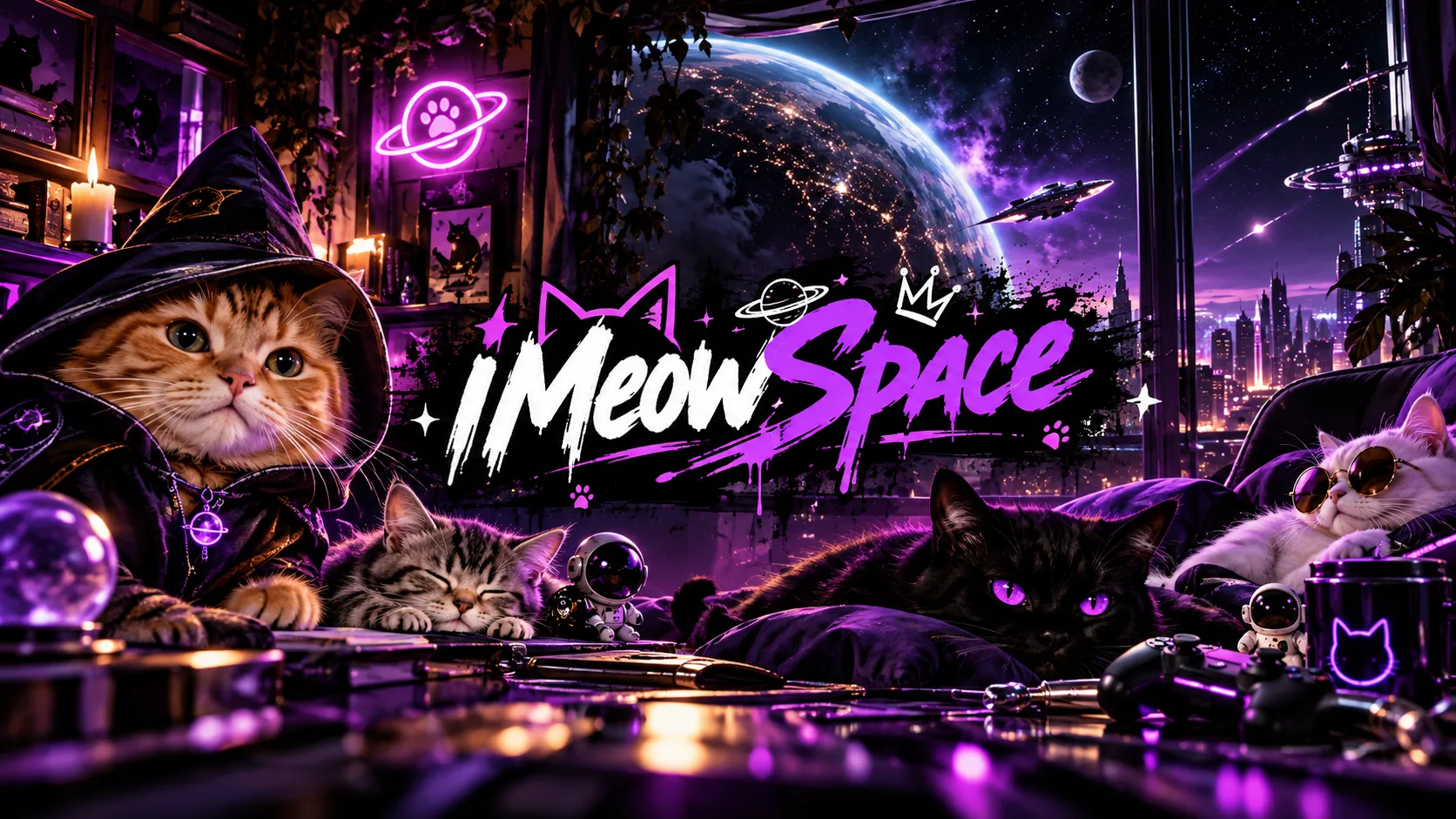 iMeowSpace key art: an orange cat in a wizard hood, a sleeping tabby kitten, a black cat with glowing purple eyes and a white cat in sunglasses lounging in a neon space station above a glowing planet