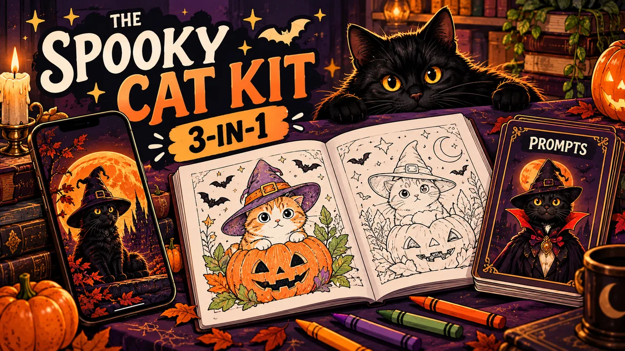The Spooky Cat Kit: a phone wallpaper, a coloring book and a prompt card fanned out on a purple table with a black cat peeking over